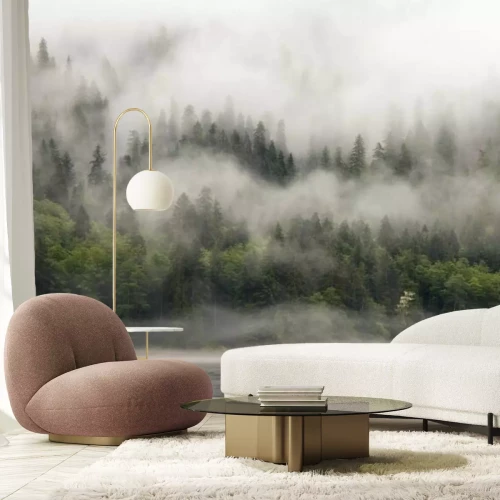 Fototapete Nebellandschaft eines von Wald umgebenen Sees