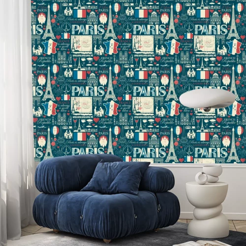 Tapete Vector seamless pattern on France and Paris theme with drawings, inscriptions, architectural landmarks, map and flag of French republic in retro style. Can be used as wallpaper, wrapping paper, fabric