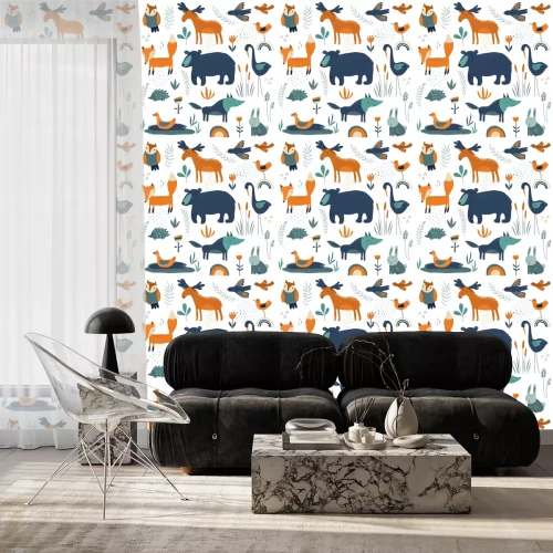 Tapete Füchse Bärchen Enten und Vögel inmitten des Grüns