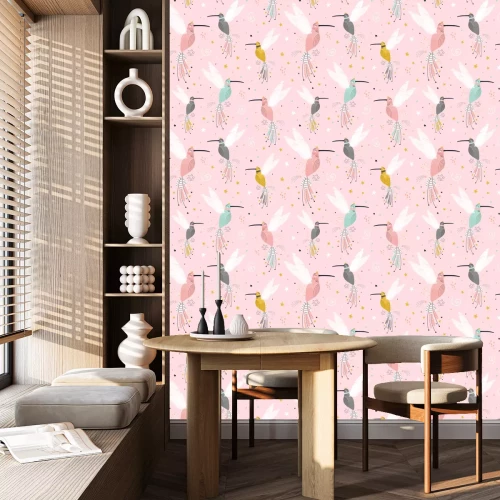 Tapete Paradiesvögel am rosa Hintergrund