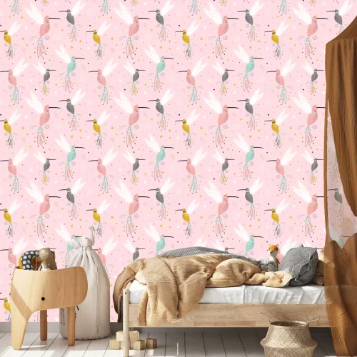 Tapete Paradiesvögel am rosa Hintergrund