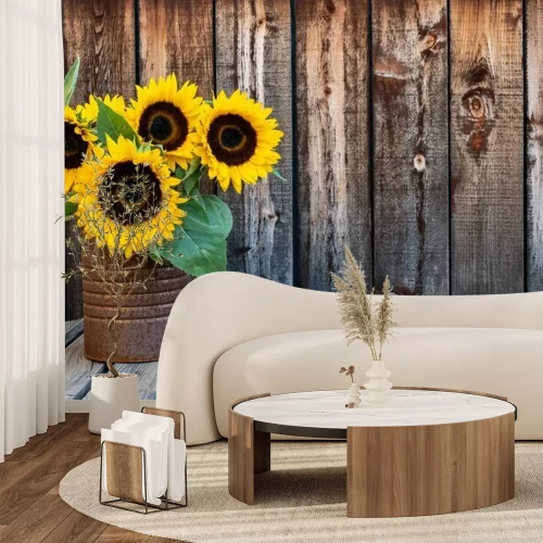 Fototapete Sonnenblumen vor dem Hintergrund des Holzes