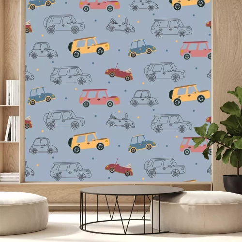 Sticker Nahtloses Vektormuster mit farbigen Spielzeugautos