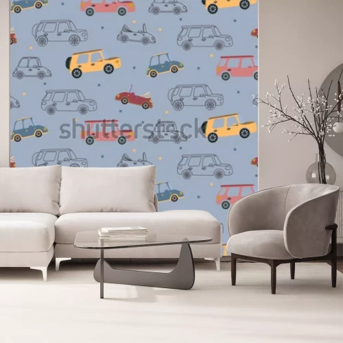 Sticker Nahtloses Vektormuster mit farbigen Spielzeugautos