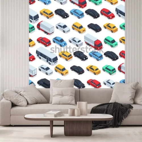 Sticker Textur von Stadtautos. Vektorhintergrund. Isometrische Autos. Nahtlose Musterfarbautoillustration