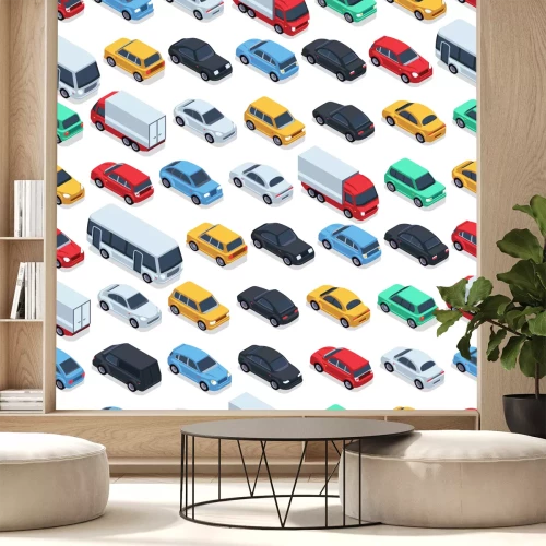 Sticker Textur von Stadtautos. Vektorhintergrund. Isometrische Autos. Nahtlose Musterfarbautoillustration