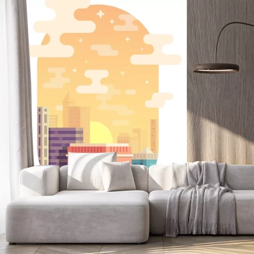 Sticker City skyline vector illustration. Urban landscape. Cityscape in flat style. Modern city landscape. Cityscape backgrounds. Sunset in the city. Vertical orientation