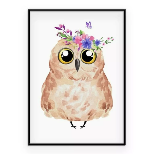 Poster Ein Gemälde einer Eule mit einem Kranz auf dem Kopf