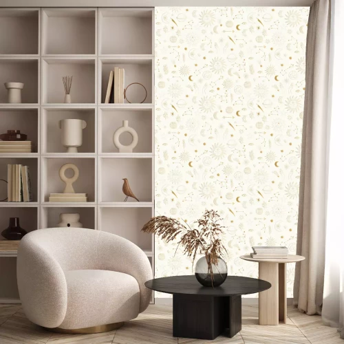 Tapete Gold foil pattern with cute hand drawn sun, planet, moon star. Mystic solar design. Vector illustration.