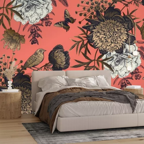 Fototapete Garden flowers peonies on a coral background. Luxury seamless pattern.