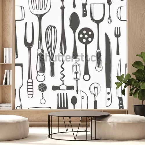 Sticker Küchenutensilien Seamless Vector Freehand Pattern