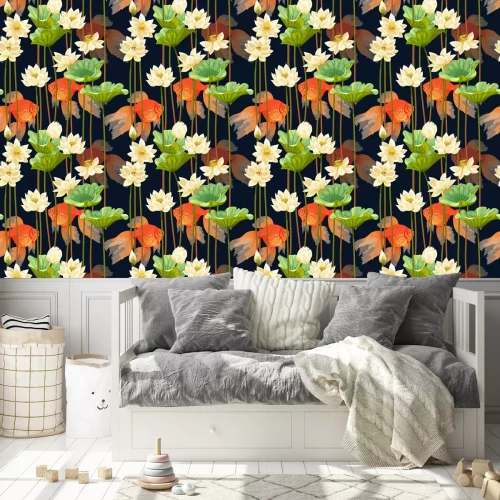 Tapete Seamless pattern with white lotus and fish