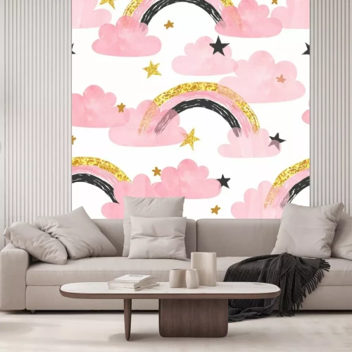 Sticker Regenbögen zwischen rosa Wolken und Sternen