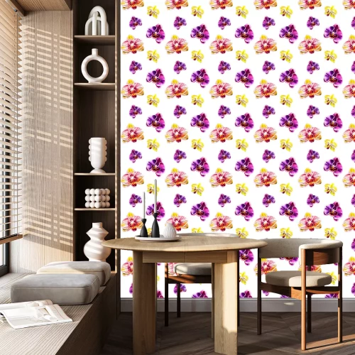 Tapete Nahtloses Muster aus Orchideenblüten. Aquarellmalerei. Exotische Pflanze. Blumenmuster. Botanische Zusammensetzung. Hochzeit und Geburtstag. Grußkarte. Blume gemalter Hintergrund. Hand gezeichnete Ill