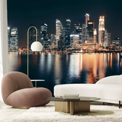 Fototapete Singapur-Skyline nachts mit städtischen Gebäuden