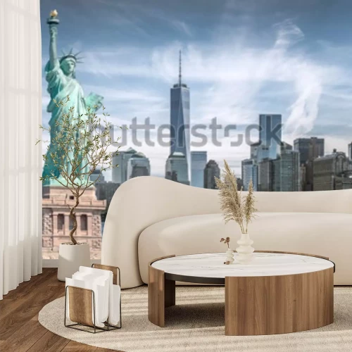 Fototapete Das Freiheitsstatue mit World Trade Center-Hintergrund, Marksteine von New York City