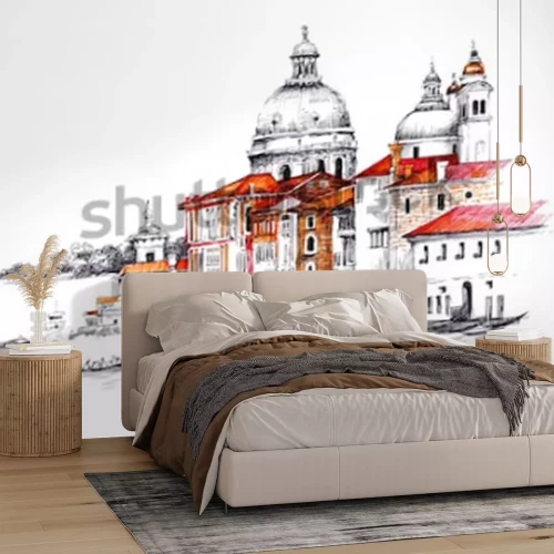 Sticker Aquarellstadtbild mit Hausillustration