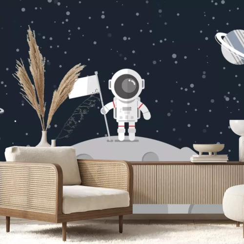 Sticker Kosmischer Astronaut mit Flagge auf dem Planeten