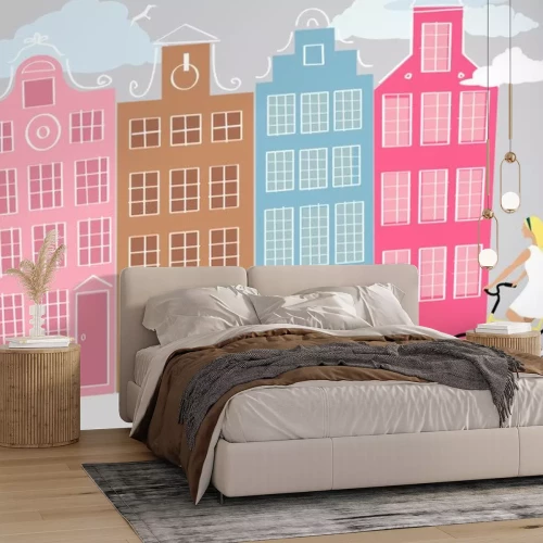 Sticker Amsterdam street with a young woman riding bicycle, EPS 8 vector illustration