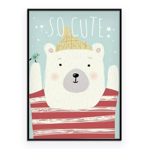 Poster Grafik mit einem weißen Teddybären und dem Schriftzug „So süß“