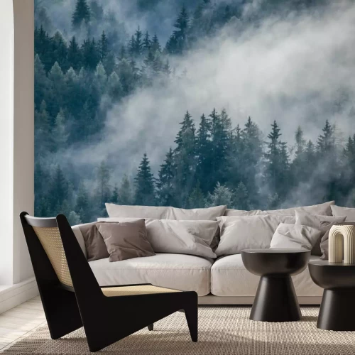 Fototapete Dense morning fog in alpine landscape with fir trees and mountains. 