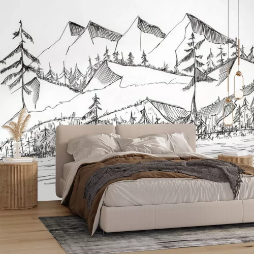 Sticker Sketch of wild Landscape with Mountains Hill and River, hand drawn illustration by Ink 