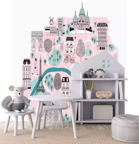 Fototapete Illustrierte Karte von Paris mit legendären Symbolen