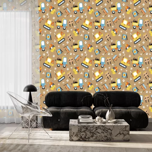 Tapete nahtlose Musterkarikatur von Baufahrzeugen, Bauzeichen mit einem Zebra der lustige Arbeiter