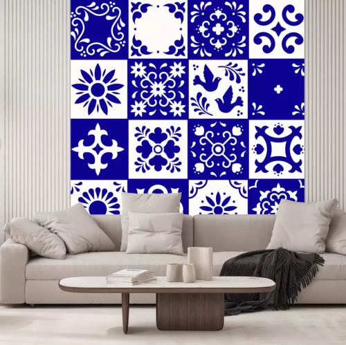 Sticker Mexican talavera pattern. Ceramic tiles with flower, leaves and bird ornaments in traditional style from Puebla. Mexico floral mosaic in navy blue and white. Folk art design.