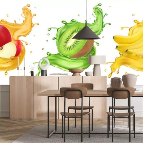 Sticker Apfel Kiwi und Bananen mit Saft übergossen