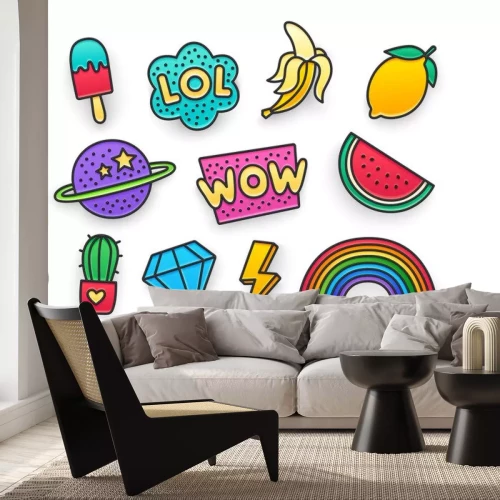Sticker Einfache bunte Symbole mit fröhlichem Charakter