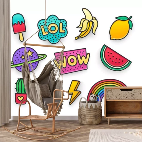 Sticker Einfache bunte Symbole mit fröhlichem Charakter