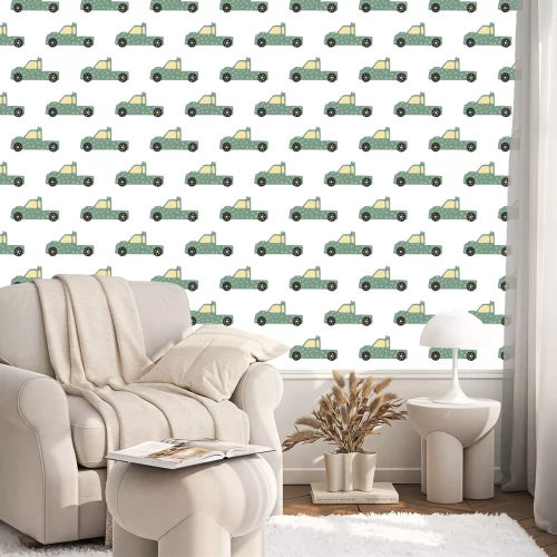 Tapete Nahtloses Muster des Lastwagens. Gekritzelautos Vektorillustration
