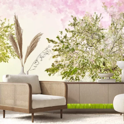 Sticker Bank unter Apfelbaum mit Blumen