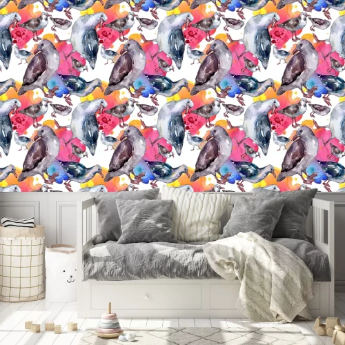 Tapete Bunte Vögel mit Aquarell gemalt