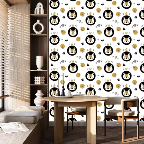 Tapete Nettes Löwengesicht und Kronen. Nahtloses Muster, Hintergrund mit Karikaturtier im skandinavischen Stil