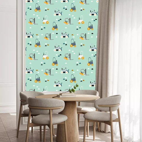 Tapete Nahtloses Muster mit Traktor und Bulldozer. Lustige Kinder drucken. Vektor Hand gezeichnete Illustration