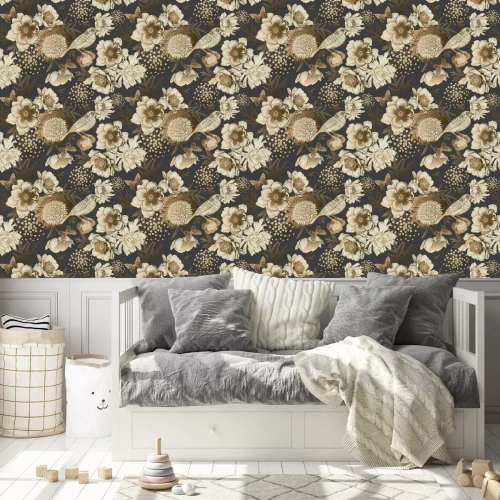 Tapete Blumen und Vögel in Bronze und Goldimitat