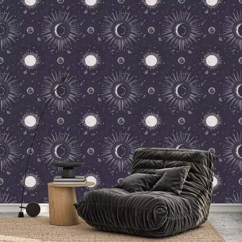 Tapete Seamless pattern. Signs of the zodiac, phases of the moon, sun and moon. Engraving style. Vintage background.