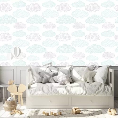 Tapete Doodle clouds vector seamless pattern. Hand drawn graphic tileable background. 