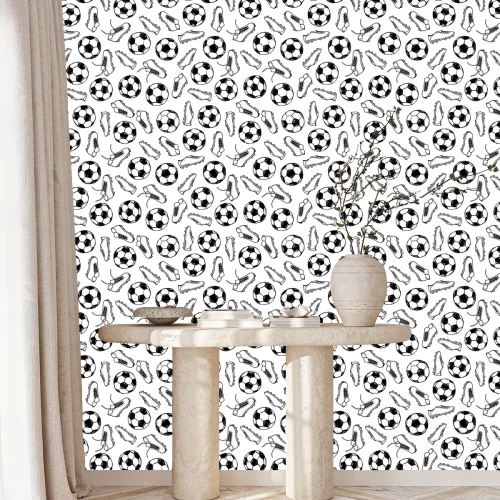 Tapete Football Soccer balls and boots doodle seamless pattern. Vector illustration background. For print, textile, web, home decor, fashion, surface, graphic design
