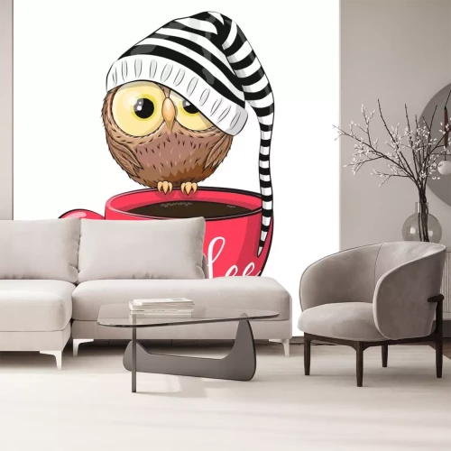 Sticker Cartoon owl is sitting on a Cup of coffee