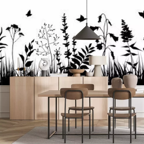 Sticker Schwarz-weiße Blumen und Kräuter auf einer Wiese