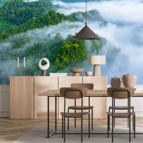 Fototapete Aerial view of morning mist at tropical rainforest mountain, background of forest and mist, Aerial top view background forest.