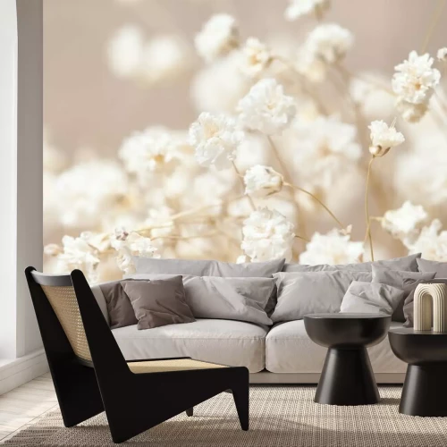 Fototapete Weiße kleine Blumen auf beige Hintergrund