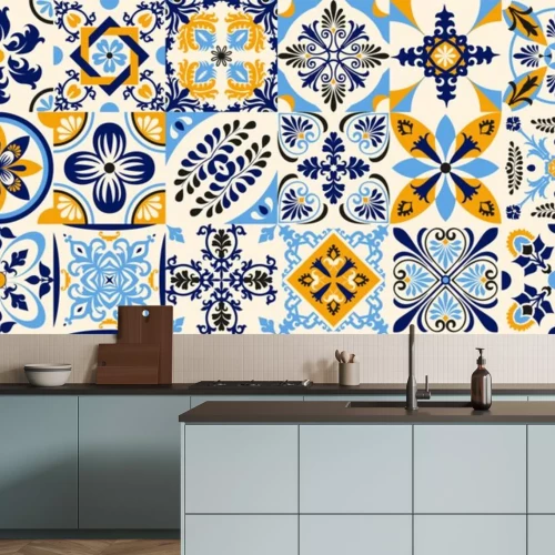 Sticker Talavera pattern. Indian patchwork. Azulejos portugal. Turkish ornament. Moroccan tile mosaic. Ceramic tableware, folk print. Spanish pottery. Ethnic background. Mediterranean seamless wallpaper.