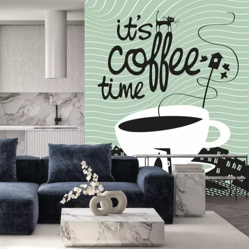 Fototapete Eine Tasse mit einer Inschrift und einer Katze