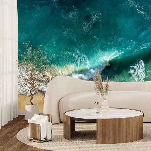 Sticker Abstract white sand beach with turquoise tropical sea water , aerial drone shot. Kelingking Beach in Nusa Penida Bali, Indonesia.