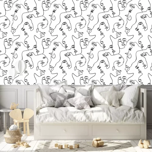 Tapete Continuous line face women seamless pattern - Vector Endless Background Fashion Female Portrait one line