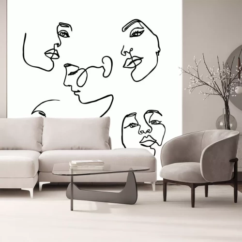 Sticker One Line drawing of set Woman's Face. Continuous line Portrait of a girl In a Minimalist Style. Vector Illustration.